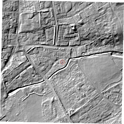 Shaded relief map of the ground around LU55TR, computed from Environment Agency LiDAR. The ground here sits at about 127 m above sea level and falls 9 m across the surrounding 800 m. Surface water reaching this point runs off ground lying to the west-north-west, 5.8 m higher.