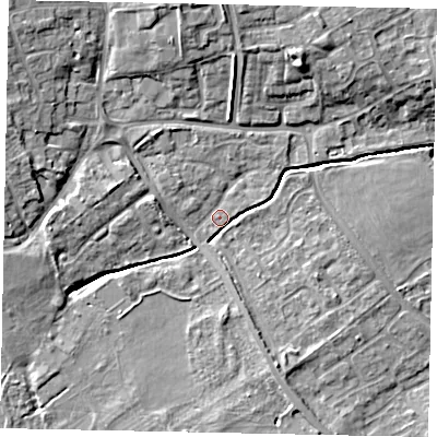 Shaded relief map of the ground around LU55TU, computed from Environment Agency LiDAR. The ground here sits at about 127 m above sea level and falls 9 m across the surrounding 800 m. Surface water reaching this point runs off ground lying to the west-north-west, 7.1 m higher.