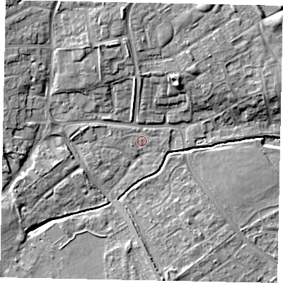 Shaded relief map of the ground around LU55TZ, computed from Environment Agency LiDAR. The ground here sits at about 127 m above sea level and falls 10 m across the surrounding 800 m. Surface water reaching this point runs off ground lying to the west-north-west, 6.2 m higher.