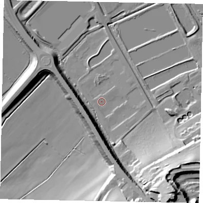 Shaded relief map of the ground around LU56GJ, computed from Environment Agency LiDAR. The ground here sits at about 98 m above sea level and falls 47 m across the surrounding 800 m. Surface water reaching this point runs off ground lying to the south-south-east, 42.2 m higher.