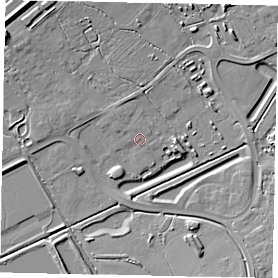 Shaded relief map of the ground around LU56GN, computed from Environment Agency LiDAR. The ground here sits at about 99 m above sea level and falls 13 m across the surrounding 800 m. Surface water reaching this point runs off ground lying to the north-north-west, 0.8 m higher.