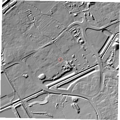 Shaded relief map of the ground around LU56GQ, computed from Environment Agency LiDAR. The ground here sits at about 99 m above sea level and falls 12 m across the surrounding 800 m. Surface water reaching this point runs off ground lying to the north-west, 2.4 m higher.