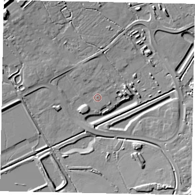 Shaded relief map of the ground around LU56GS, computed from Environment Agency LiDAR. The ground here sits at about 98 m above sea level and falls 13 m across the surrounding 800 m. Surface water reaching this point runs off ground lying to the north, 1.6 m higher.