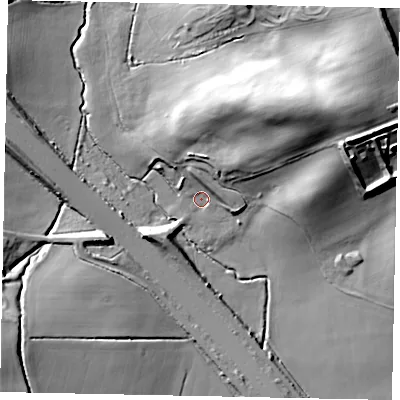 Shaded relief map of the ground around LU56RD, computed from Environment Agency LiDAR. The ground here sits at about 86 m above sea level and falls 36 m across the surrounding 800 m. Surface water reaching this point runs off ground lying to the east-north-east, 34.2 m higher.