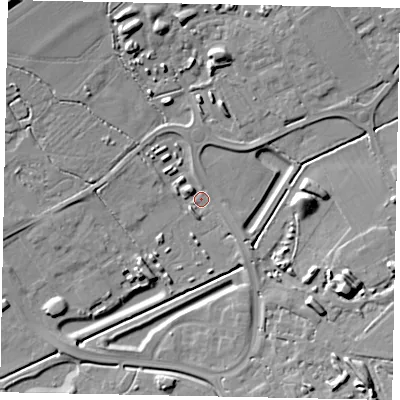 Shaded relief map of the ground around LU56TN, computed from Environment Agency LiDAR. The ground here sits at about 99 m above sea level and falls 13 m across the surrounding 800 m. Surface water reaching this point runs off ground lying to the east-south-east, 10.9 m higher.