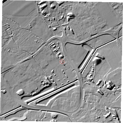 Shaded relief map of the ground around LU56TP, computed from Environment Agency LiDAR. The ground here sits at about 99 m above sea level and falls 13 m across the surrounding 800 m. Surface water reaching this point runs off ground lying to the east-south-east, 10.9 m higher.