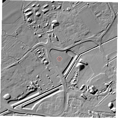 Shaded relief map of the ground around LU56TQ, computed from Environment Agency LiDAR. The ground here sits at about 99 m above sea level and falls 13 m across the surrounding 800 m. Surface water reaching this point runs off ground lying to the north, 2.1 m higher.