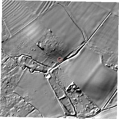 Shaded relief map of the ground around LU61QZ, computed from Environment Agency LiDAR. The ground here sits at about 103 m above sea level and falls 13 m across the surrounding 800 m. Surface water reaching this point runs off ground lying to the east-south-east, 8.8 m higher.