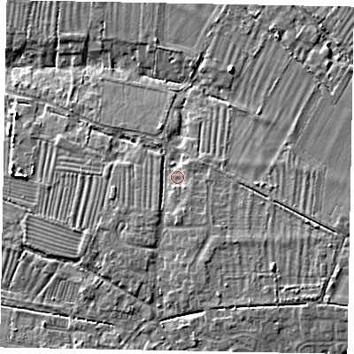 Shaded relief map of the ground around LU62BD, computed from Environment Agency LiDAR. The ground here sits at about 98 m above sea level and falls 10 m across the surrounding 800 m. Surface water reaching this point runs off ground lying to the south-south-east, 1.7 m higher.