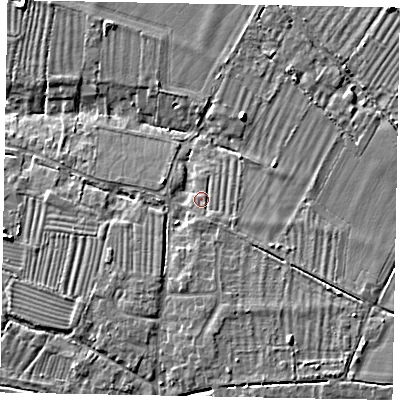 Shaded relief map of the ground around LU62BE, computed from Environment Agency LiDAR. The ground here sits at about 98 m above sea level and falls 10 m across the surrounding 800 m. Surface water reaching this point runs off ground lying to the south-south-east, 1.5 m higher.