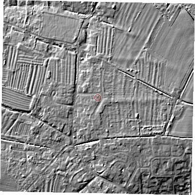Shaded relief map of the ground around LU62DD, computed from Environment Agency LiDAR. The ground here sits at about 100 m above sea level and falls 10 m across the surrounding 800 m. Surface water reaching this point runs off ground lying to the east-south-east, 0.8 m higher.
