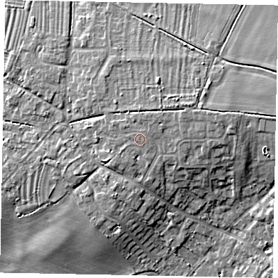 Shaded relief map of the ground around LU62DF, computed from Environment Agency LiDAR. The ground here sits at about 101 m above sea level and falls 10 m across the surrounding 800 m. Surface water reaching this point runs off ground lying to the east-north-east, 0.7 m higher.