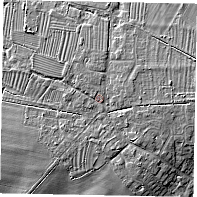 Shaded relief map of the ground around LU62DG, computed from Environment Agency LiDAR. The ground here sits at about 99 m above sea level and falls 9 m across the surrounding 800 m. Surface water reaching this point runs off ground lying to the east, 4.6 m higher.