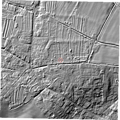 Shaded relief map of the ground around LU62DH, computed from Environment Agency LiDAR. The ground here sits at about 101 m above sea level and falls 8 m across the surrounding 800 m. Surface water reaching this point runs off ground lying to the east, 3.1 m higher.