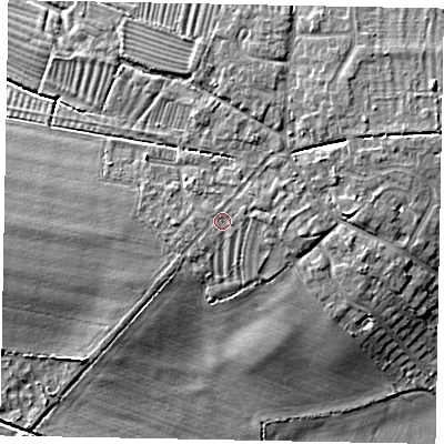 Shaded relief map of the ground around LU62DQ, computed from Environment Agency LiDAR. The ground here sits at about 98 m above sea level and falls 13 m across the surrounding 800 m. Surface water reaching this point runs off ground lying to the east-north-east, 1.1 m higher.
