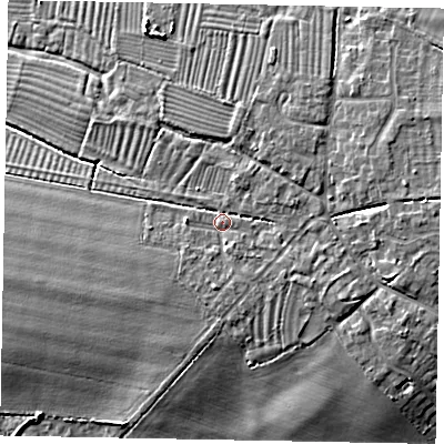 Shaded relief map of the ground around LU62EA, computed from Environment Agency LiDAR. The ground here sits at about 98 m above sea level and falls 11 m across the surrounding 800 m. Surface water reaching this point runs off ground lying to the east-south-east, 2.8 m higher.