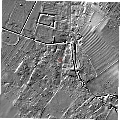 Shaded relief map of the ground around LU62FL, computed from Environment Agency LiDAR. The ground here sits at about 96 m above sea level and falls 15 m across the surrounding 800 m. Surface water reaching this point runs off ground lying to the east, 1.1 m higher.