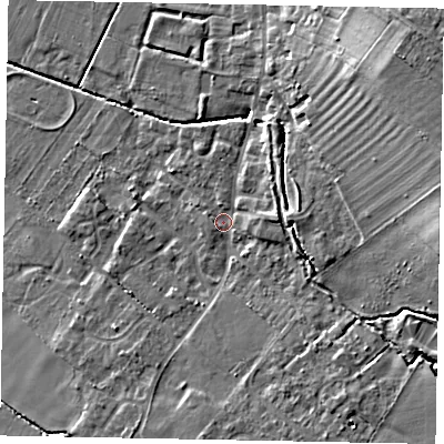 Shaded relief map of the ground around LU62HH, computed from Environment Agency LiDAR. The ground here sits at about 96 m above sea level and falls 15 m across the surrounding 800 m. Surface water reaching this point runs off ground lying to the east, 10.3 m higher.