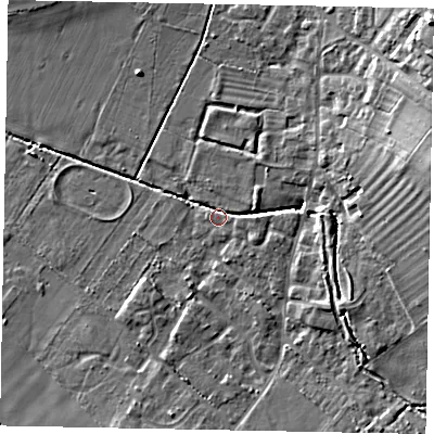 Shaded relief map of the ground around LU62HJ, computed from Environment Agency LiDAR. The ground here sits at about 95 m above sea level and falls 16 m across the surrounding 800 m. Surface water reaching this point runs off ground lying to the east-north-east, 12.6 m higher.