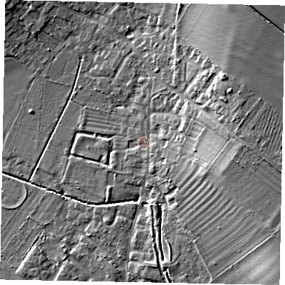 Shaded relief map of the ground around LU62HN, computed from Environment Agency LiDAR. The ground here sits at about 96 m above sea level and falls 16 m across the surrounding 800 m. Surface water reaching this point runs off ground lying to the east, 10.7 m higher.