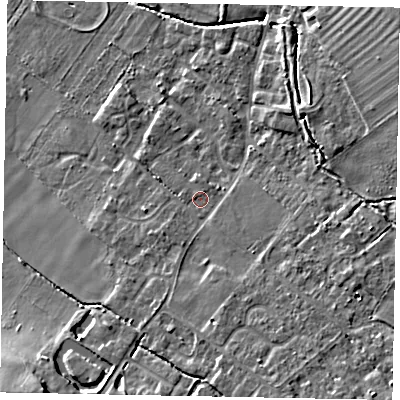 Shaded relief map of the ground around LU62HS, computed from Environment Agency LiDAR. The ground here sits at about 97 m above sea level and falls 13 m across the surrounding 800 m. Surface water reaching this point runs off ground lying to the north, 0.6 m higher.