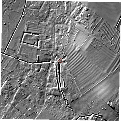 Shaded relief map of the ground around LU62HW, computed from Environment Agency LiDAR. The ground here sits at about 97 m above sea level and falls 16 m across the surrounding 800 m. Surface water reaching this point runs off ground lying to the east-south-east, 12.5 m higher.