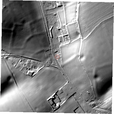 Shaded relief map of the ground around LU63QT, computed from Environment Agency LiDAR. The ground here sits at about 136 m above sea level and falls 40 m across the surrounding 800 m. Surface water reaching this point runs off ground lying to the north-east, 37.0 m higher.