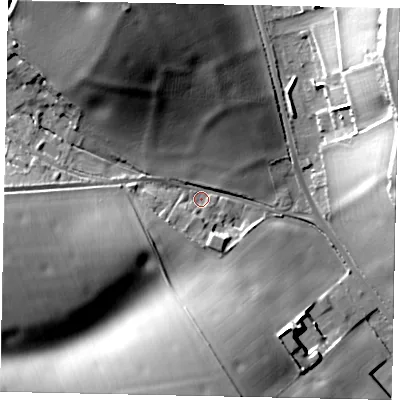 Shaded relief map of the ground around LU63QY, computed from Environment Agency LiDAR. The ground here sits at about 137 m above sea level and falls 35 m across the surrounding 800 m. Surface water reaching this point runs off ground lying to the west-south-west, 30.0 m higher.
