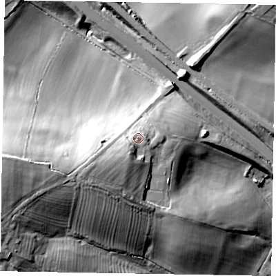 Shaded relief map of the ground around LU70DR, computed from Environment Agency LiDAR. The ground here sits at about 103 m above sea level and falls 40 m across the surrounding 800 m. Surface water reaching this point runs off ground lying to the south-west, 5.9 m higher.