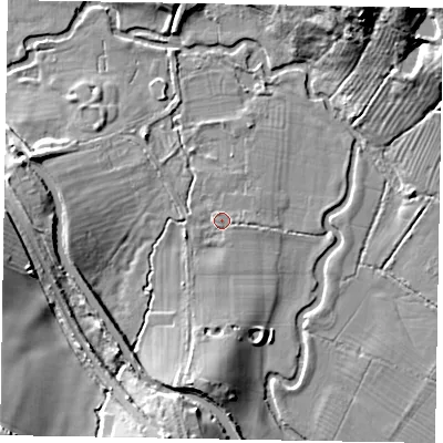 Shaded relief map of the ground around LU70DS, computed from Environment Agency LiDAR. The ground here sits at about 76 m above sea level and falls 22 m across the surrounding 800 m. Surface water reaching this point runs off ground lying to the south-south-west, 4.6 m higher.