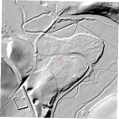 Shaded relief map of the ground around LU70DU, computed from Environment Agency LiDAR. The ground here sits at about 82 m above sea level and falls 33 m across the surrounding 800 m. Surface water reaching this point runs off ground lying to the south-south-west, 6.8 m higher.