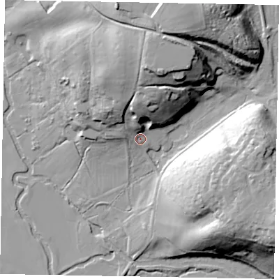 Shaded relief map of the ground around LU70DZ, computed from Environment Agency LiDAR. The ground here sits at about 83 m above sea level and falls 37 m across the surrounding 800 m. Surface water reaching this point runs off ground lying to the north, 26.2 m higher.
