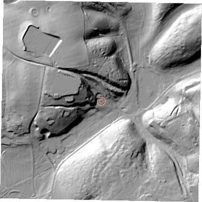 Shaded relief map of the ground around LU70EB, computed from Environment Agency LiDAR. The ground here sits at about 89 m above sea level and falls 37 m across the surrounding 800 m. Surface water reaching this point runs off ground lying to the north-west, 24.5 m higher.