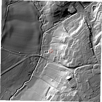 Shaded relief map of the ground around LU70JY, computed from Environment Agency LiDAR. The ground here sits at about 107 m above sea level and falls 25 m across the surrounding 800 m. Surface water reaching this point runs off ground lying to the east-south-east, 20.5 m higher.
