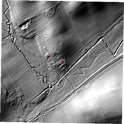 Shaded relief map of the ground around LU70PG, computed from Environment Agency LiDAR. The ground here sits at about 108 m above sea level and falls 19 m across the surrounding 800 m. Surface water reaching this point runs off ground lying to the north-north-west, 3.6 m higher.