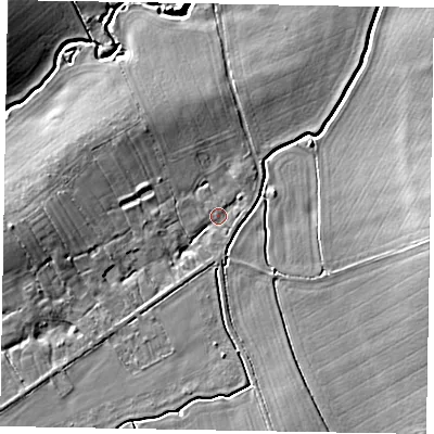 Shaded relief map of the ground around LU70QB, computed from Environment Agency LiDAR. The ground here sits at about 86 m above sea level and falls 10 m across the surrounding 800 m. Surface water reaching this point runs off ground lying to the west, 7.1 m higher.