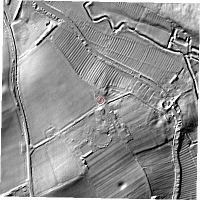 Shaded relief map of the ground around LU70QU, computed from Environment Agency LiDAR. The ground here sits at about 91 m above sea level and falls 14 m across the surrounding 800 m. Surface water reaching this point runs off ground lying to the south-south-west, 4.0 m higher.