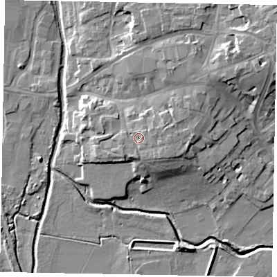 Shaded relief map of the ground around LU71AB, computed from Environment Agency LiDAR. The ground here sits at about 89 m above sea level and falls 15 m across the surrounding 800 m. Surface water reaching this point runs off ground lying to the east-south-east, 2.3 m higher.