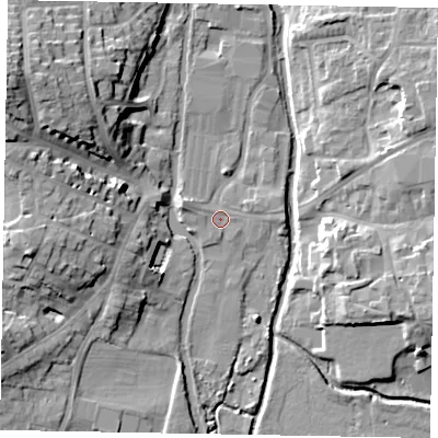 Shaded relief map of the ground around LU71LA, computed from Environment Agency LiDAR. The ground here sits at about 83 m above sea level and falls 20 m across the surrounding 800 m. Surface water reaching this point runs off ground lying to the west-north-west, 2.3 m higher.