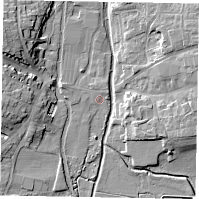 Shaded relief map of the ground around LU71LB, computed from Environment Agency LiDAR. The ground here sits at about 83 m above sea level and falls 17 m across the surrounding 800 m. Surface water reaching this point runs off ground lying to the north-east, 1.5 m higher.