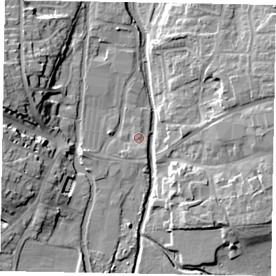 Shaded relief map of the ground around LU71LE, computed from Environment Agency LiDAR. The ground here sits at about 83 m above sea level and falls 17 m across the surrounding 800 m. Surface water reaching this point runs off ground lying to the south-south-west, 1.5 m higher.