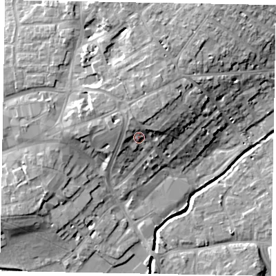Shaded relief map of the ground around LU71NR, computed from Environment Agency LiDAR. The ground here sits at about 92 m above sea level and falls 15 m across the surrounding 800 m. Surface water reaching this point runs off ground lying to the north, 5.4 m higher.