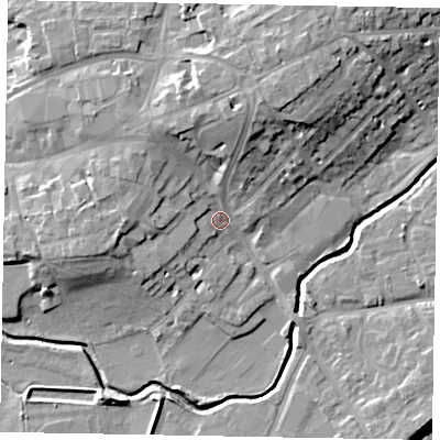 Shaded relief map of the ground around LU71RX, computed from Environment Agency LiDAR. The ground here sits at about 86 m above sea level and falls 16 m across the surrounding 800 m. Surface water reaching this point runs off ground lying to the north-north-east, 10.2 m higher.