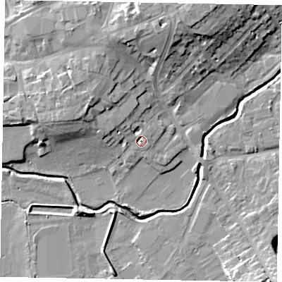 Shaded relief map of the ground around LU71SF, computed from Environment Agency LiDAR. The ground here sits at about 85 m above sea level and falls 15 m across the surrounding 800 m. Surface water reaching this point runs off ground lying to the north-west, 2.6 m higher.