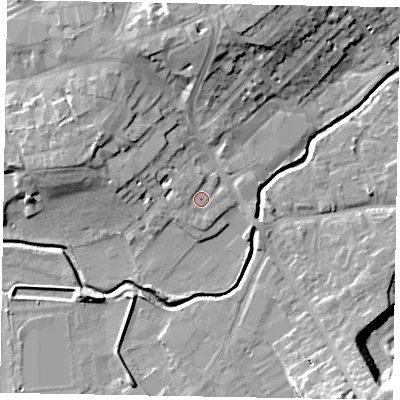 Shaded relief map of the ground around LU71TS, computed from Environment Agency LiDAR. The ground here sits at about 85 m above sea level and falls 17 m across the surrounding 800 m. Surface water reaching this point runs off ground lying to the north-west, 1.5 m higher.
