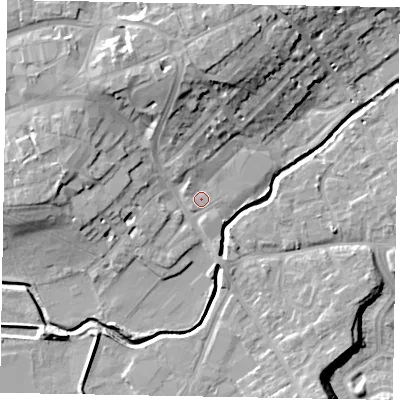 Shaded relief map of the ground around LU71WB, computed from Environment Agency LiDAR. The ground here sits at about 84 m above sea level and falls 17 m across the surrounding 800 m. Surface water reaching this point runs off ground lying to the north-north-west, 2.4 m higher.