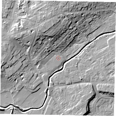 Shaded relief map of the ground around LU71WS, computed from Environment Agency LiDAR. The ground here sits at about 85 m above sea level and falls 16 m across the surrounding 800 m. The ground contributing surface water to this point lies to the north-west.