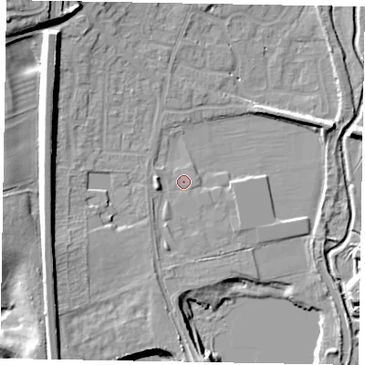 Shaded relief map of the ground around LU72AF, computed from Environment Agency LiDAR. The ground here sits at about 83 m above sea level and falls 16 m across the surrounding 800 m. Surface water reaching this point runs off ground lying to the south-west, 9.4 m higher.