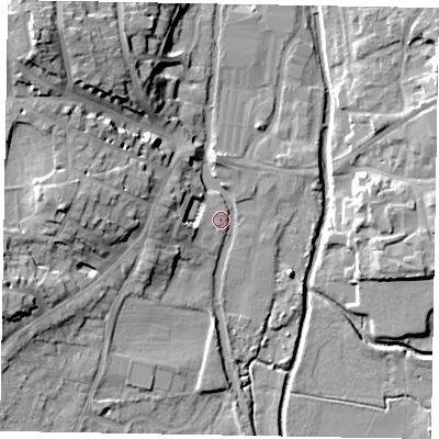 Shaded relief map of the ground around LU72LA, computed from Environment Agency LiDAR. The ground here sits at about 83 m above sea level and falls 20 m across the surrounding 800 m. Surface water reaching this point runs off ground lying to the west, 6.5 m higher.