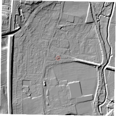 Shaded relief map of the ground around LU72LT, computed from Environment Agency LiDAR. The ground here sits at about 83 m above sea level and falls 16 m across the surrounding 800 m. Surface water reaching this point runs off ground lying to the west-north-west, 11.7 m higher.